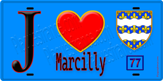 Plaque métal décorative  J' ❤️Marcilly, Seine et Marne (77) fond bleu