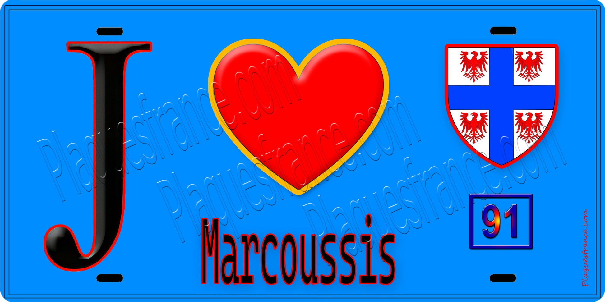 Plaque métal décorative  J' ❤️Marcoussis, Essonne (91) fond bleu