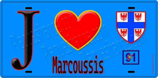Plaque métal décorative  J' ❤️Marcoussis, Essonne (91) fond bleu