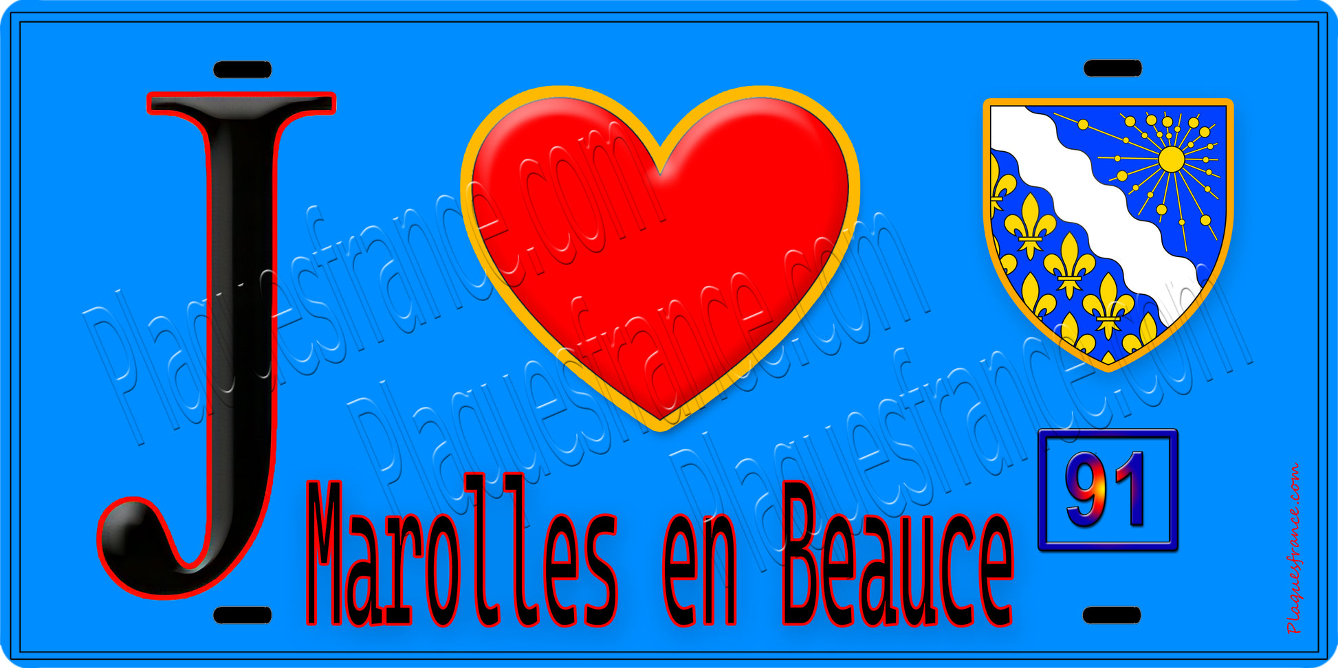Plaque métal décorative  J' ❤️Marolles-en-Beauce, Essonne (91) fond bleu