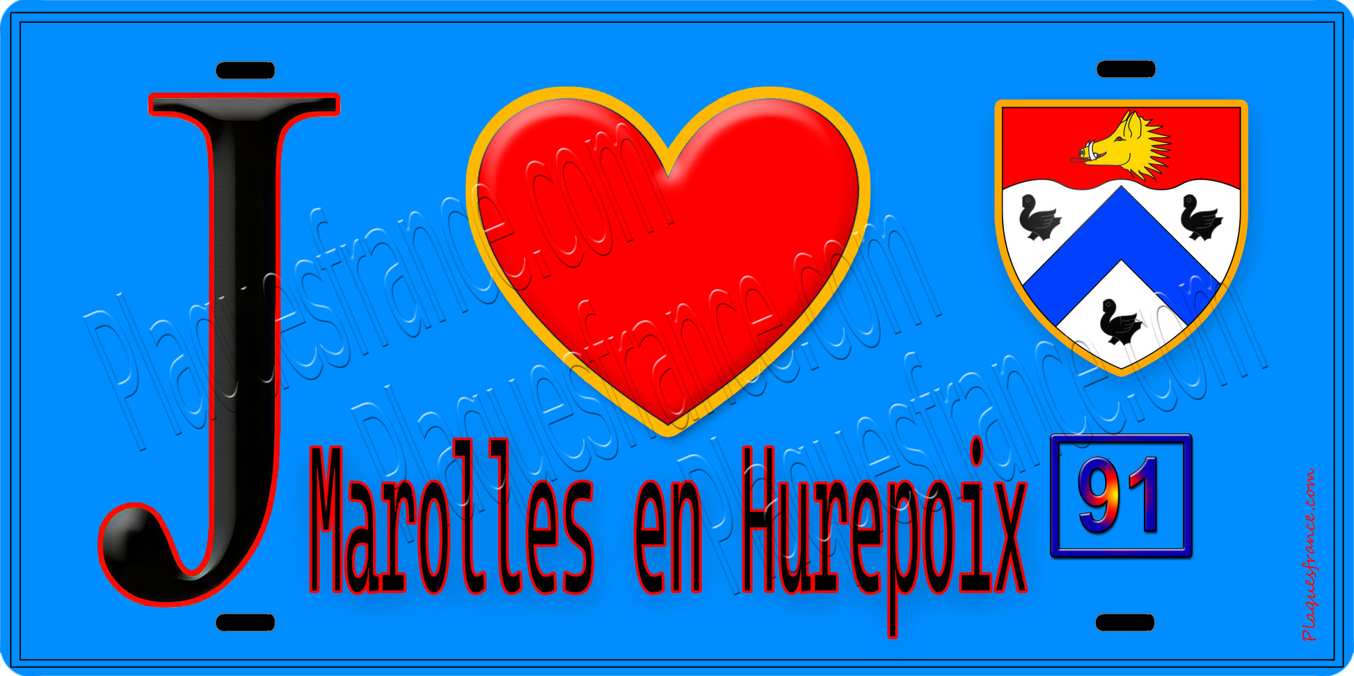 Plaque métal décorative  J' ❤️Marolles-en-Hurepoix, Essonne (91) fond bleu