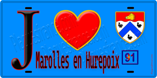 Plaque métal décorative  J' ❤️Marolles-en-Hurepoix, Essonne (91) fond bleu