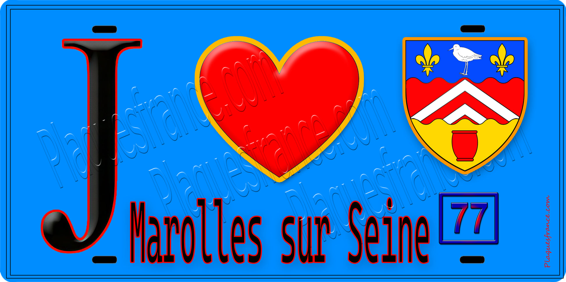 Plaque métal décorative  J' ❤️Marolles-sur-Seine, Seine et Marne (77) fond bleu