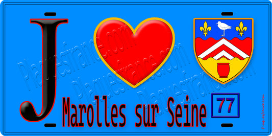 Plaque métal décorative  J' ❤️Marolles-sur-Seine, Seine et Marne (77) fond bleu