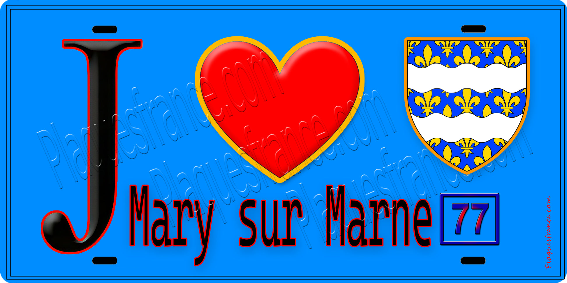 Plaque métal décorative  J' ❤️Mary-sur-Marne, Seine et Marne (77) fond bleu