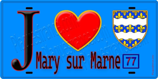 Plaque métal décorative  J' ❤️Mary-sur-Marne, Seine et Marne (77) fond bleu