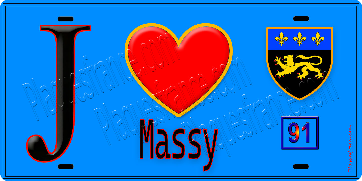 Plaque métal décorative  J' ❤️Massy, Essonne (91) fond bleu