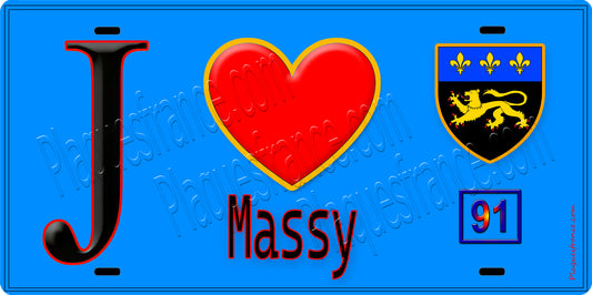 Plaque métal décorative  J' ❤️Massy, Essonne (91) fond bleu