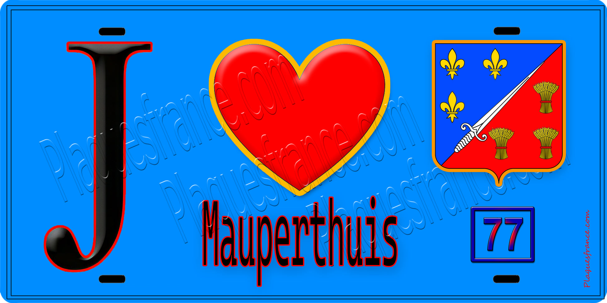 Plaque métal décorative  J' ❤️Mauperthuis, Seine et Marne (77) fond bleu