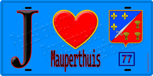 Plaque métal décorative  J' ❤️Mauperthuis, Seine et Marne (77) fond bleu