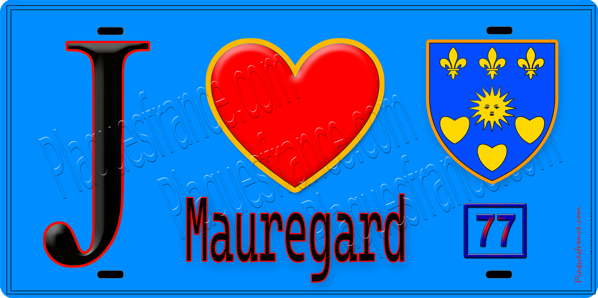 Plaque métal décorative  J' ❤️Mauregard, Seine et Marne (77) fond bleu