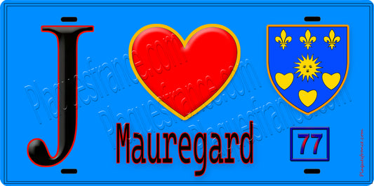 Plaque métal décorative  J' ❤️Mauregard, Seine et Marne (77) fond bleu