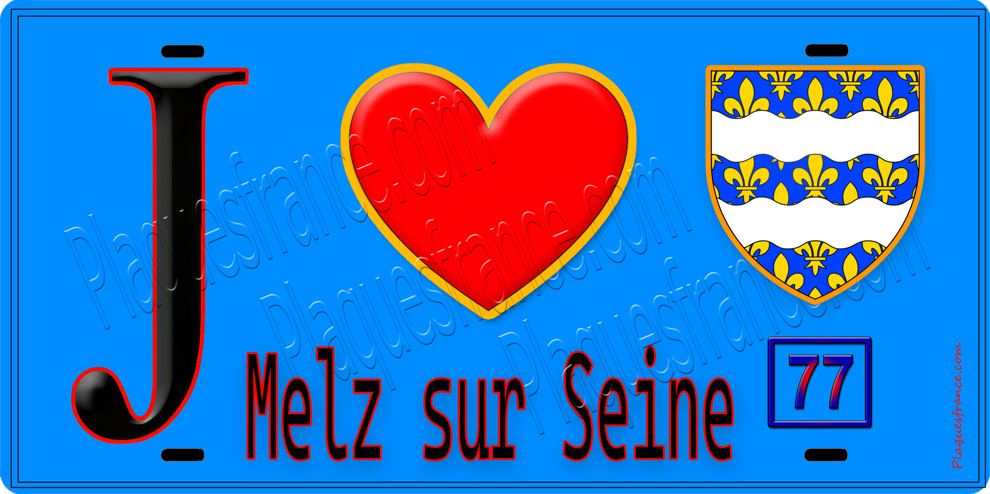 Plaque métal décorative  J' ❤️Melz-sur-Seine, Seine et Marne (77) fond bleu
