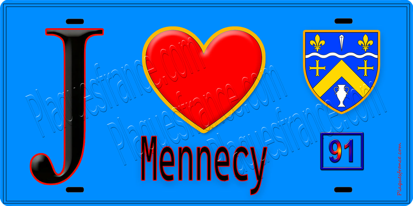 Plaque métal décorative  J' ❤️Mennecy, Essonne (91) fond bleu