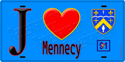 Plaque métal décorative  J' ❤️Mennecy, Essonne (91) fond bleu