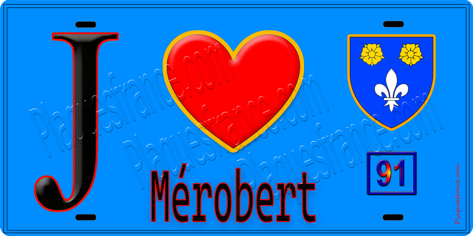 Plaque métal décorative  J' ❤️Mérobert, Essonne (91) fond bleu