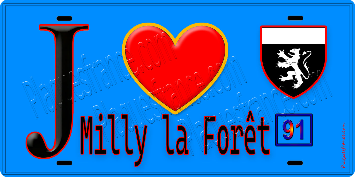 Plaque métal décorative  J' ❤️Milly-la-Forêt, Essonne (91) fond bleu