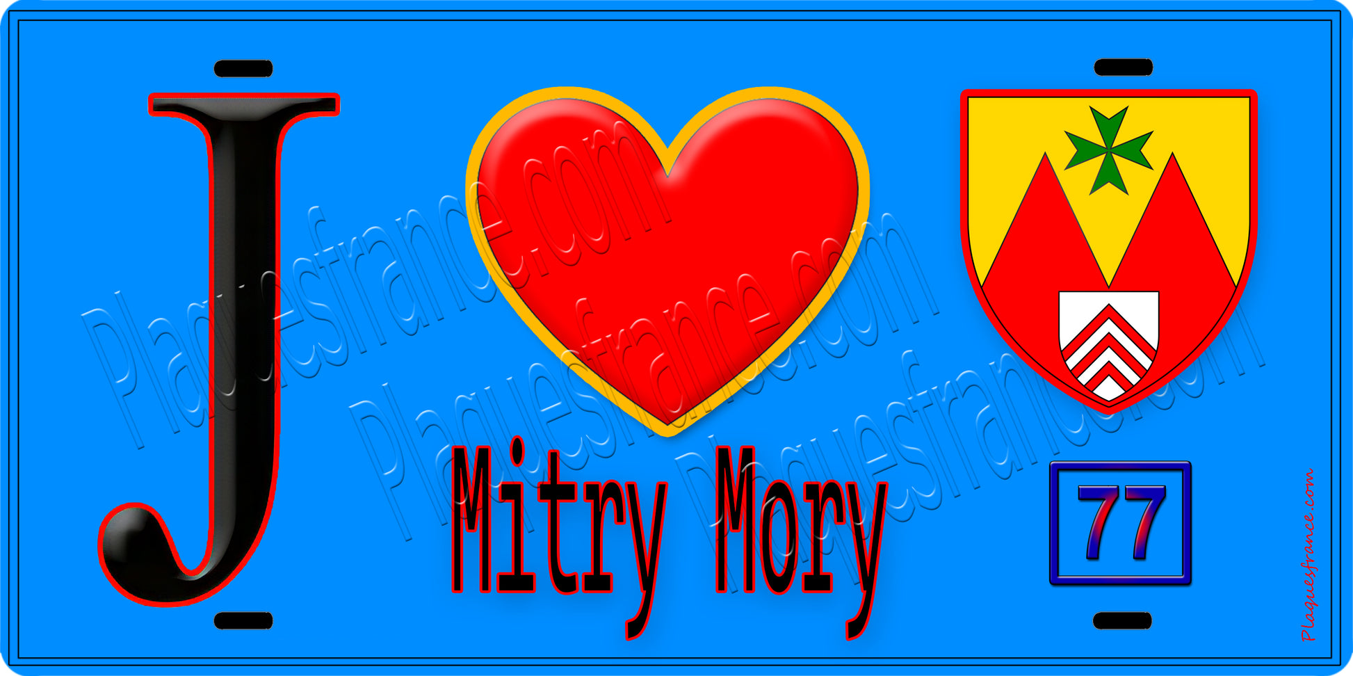 Plaque métal décorative  J' ❤️Mitry-Mory, Seine et Marne (77) fond bleu