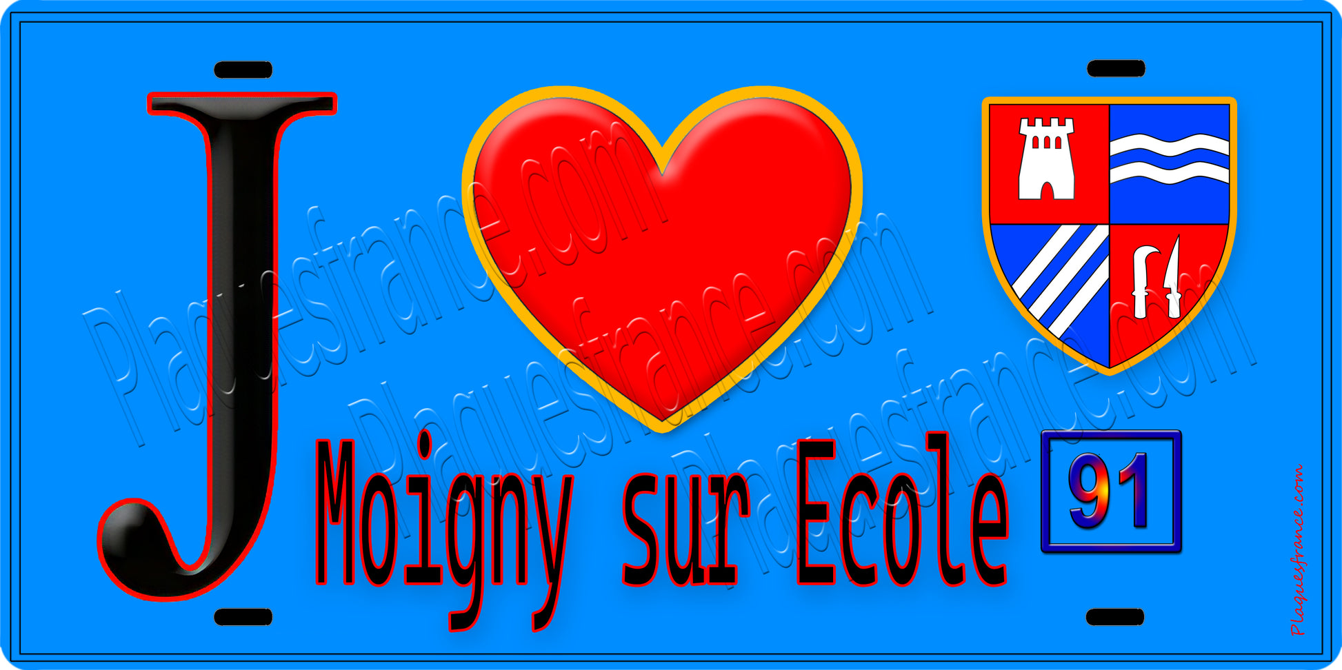 Plaque métal décorative  J' ❤️Moigny-sur-École, Essonne (91) fond bleu