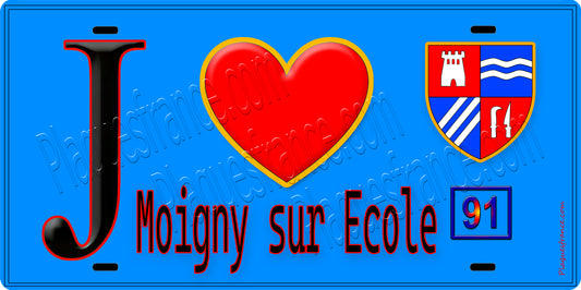 Plaque métal décorative  J' ❤️Moigny-sur-École, Essonne (91) fond bleu