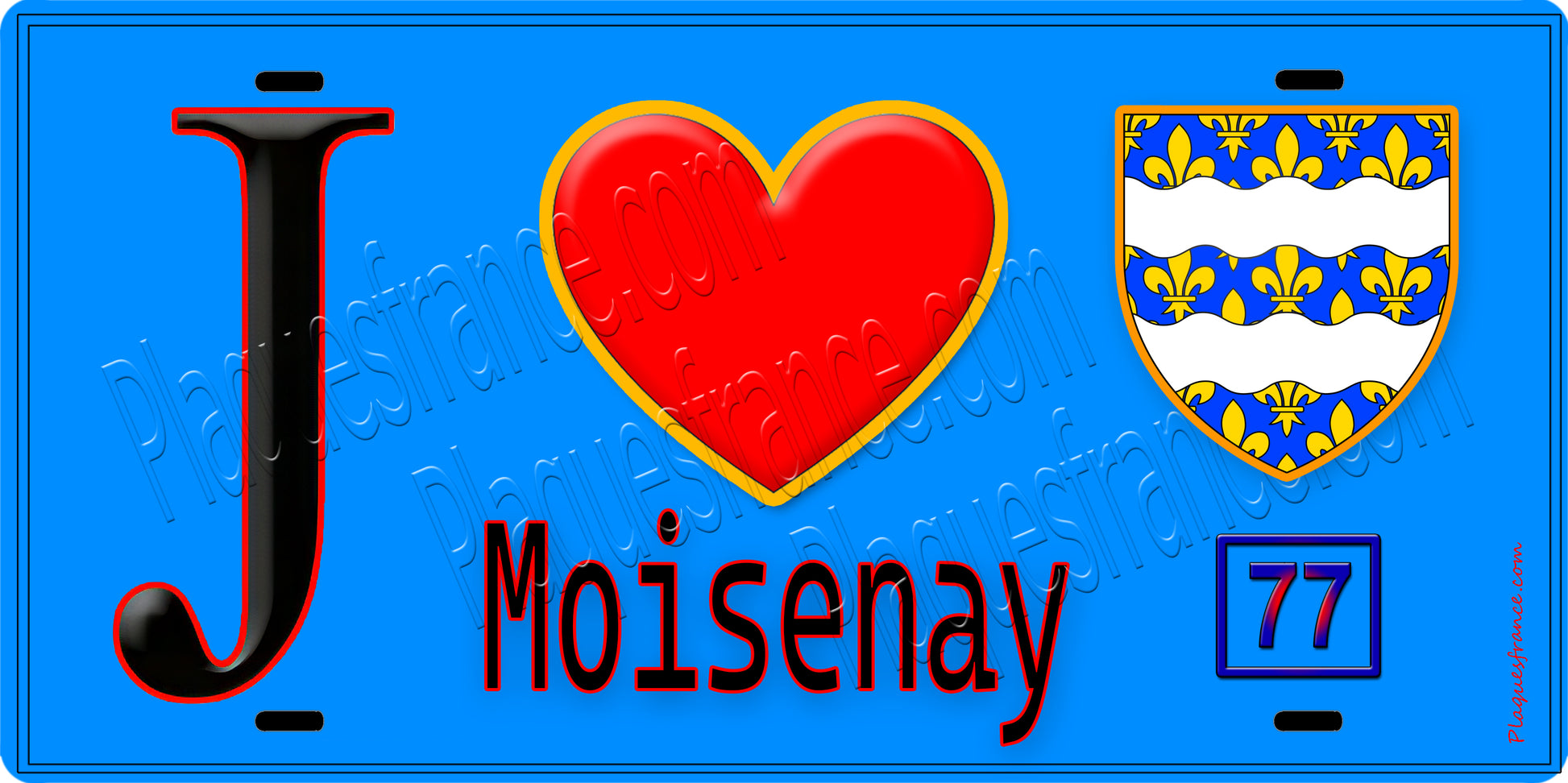 Plaque métal décorative  J' ❤️Moisenay, Seine et Marne (77) fond bleu