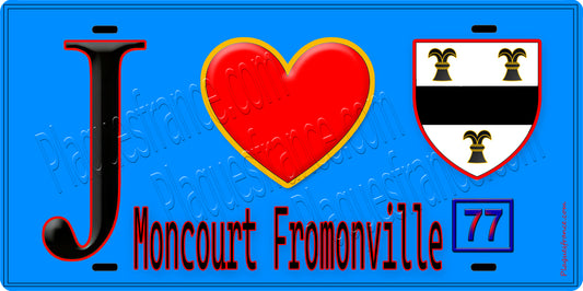 Plaque métal décorative  J' ❤️Moncourt-Fromonville, Seine et Marne (77) fond bleu