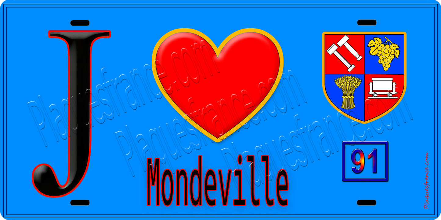 Plaque métal décorative  J' ❤️Mondeville, Essonne (91) fond bleu
