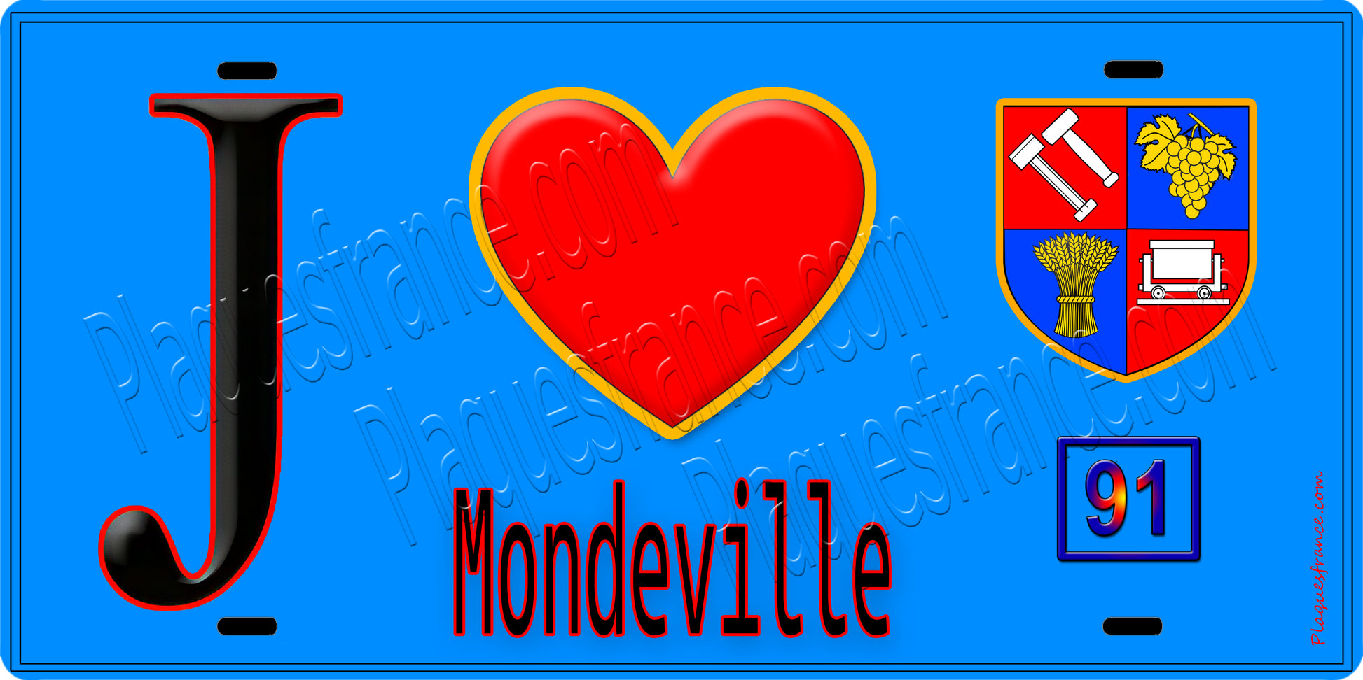Plaque métal décorative  J' ❤️Mondeville, Essonne (91) fond bleu