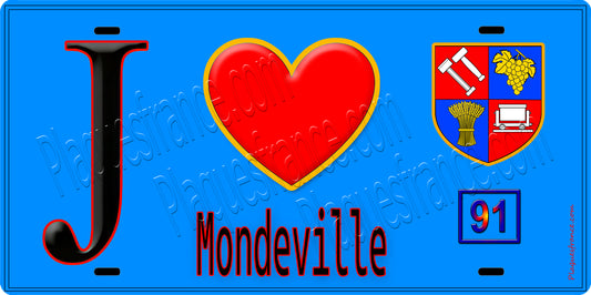 Plaque métal décorative  J' ❤️Mondeville, Essonne (91) fond bleu