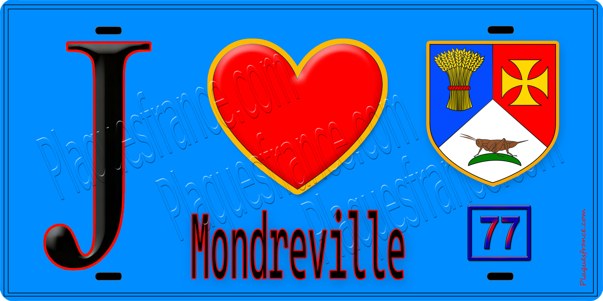 Plaque métal décorative  J' ❤️Mondreville, Seine et Marne (77) fond bleu