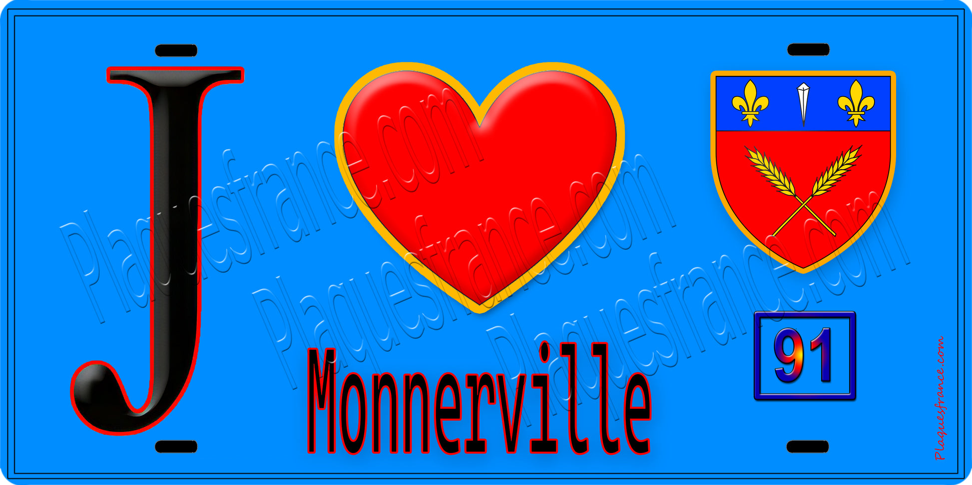 Plaque métal décorative  J' ❤️Monnerville, Essonne (91) fond bleu