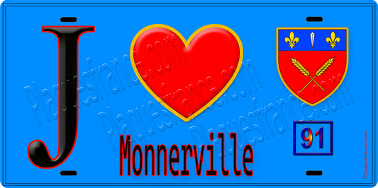 Plaque métal décorative  J' ❤️Monnerville, Essonne (91) fond bleu