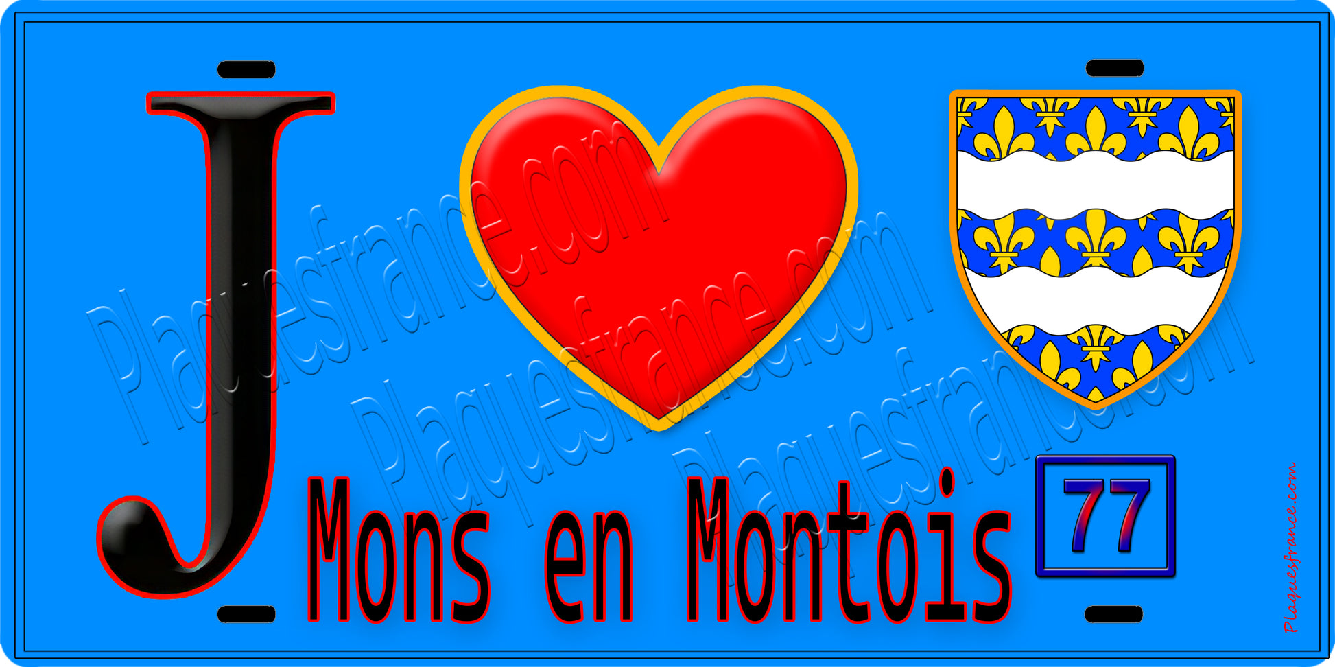 Plaque métal décorative  J' ❤️Mons-en-Montois, Seine et Marne (77) fond bleu