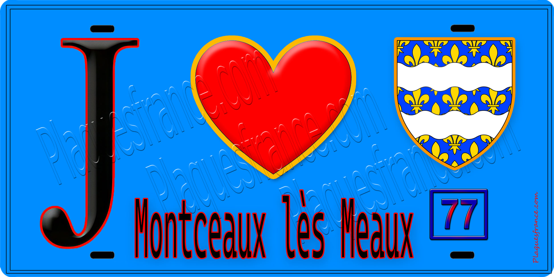 Plaque métal décorative  J' ❤️Montceaux-lès-Meaux, Seine et Marne (77) fond bleu