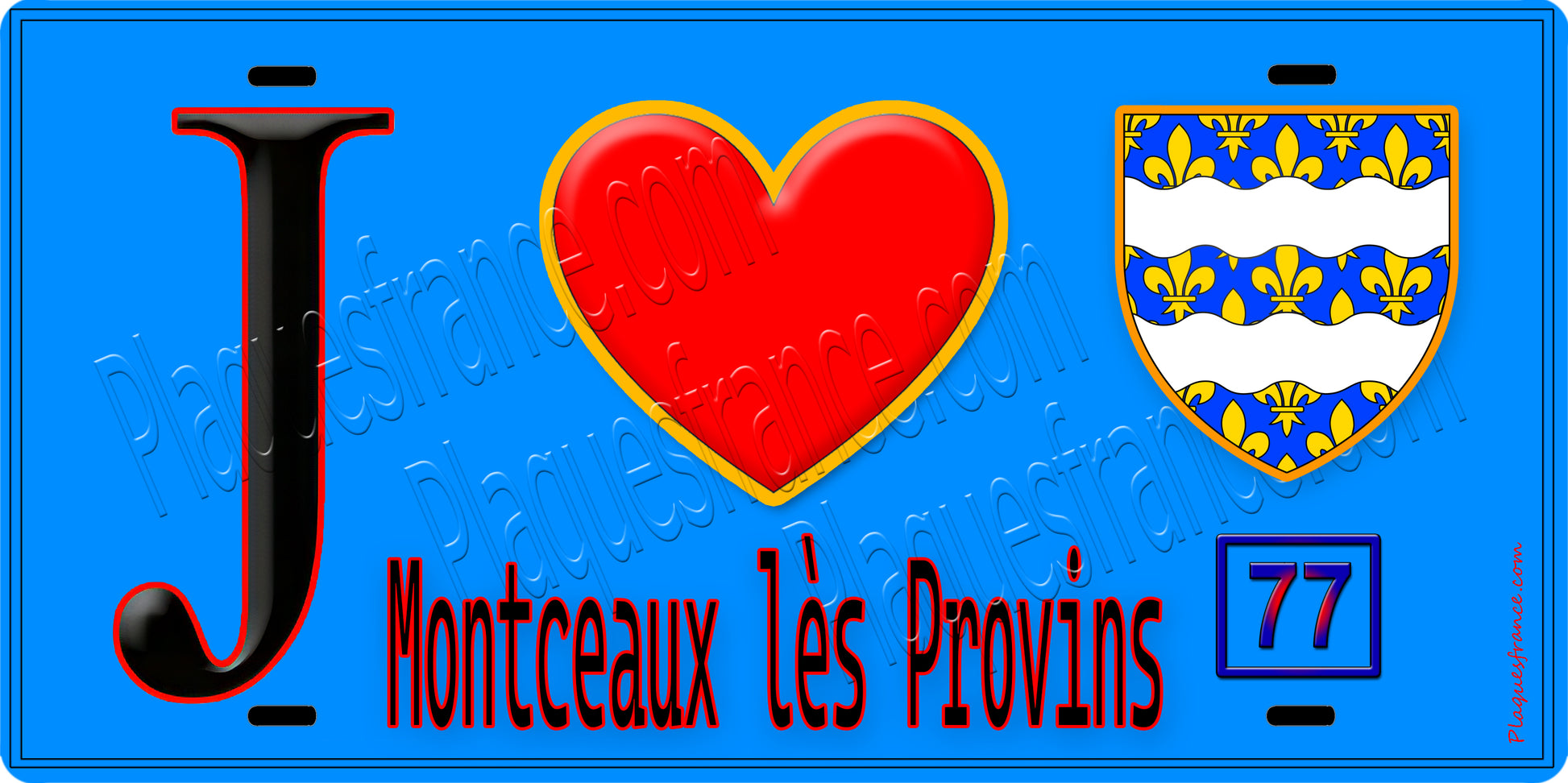 Plaque métal décorative  J' ❤️Montceaux-lès-Provins, Seine et Marne (77) fond bleu