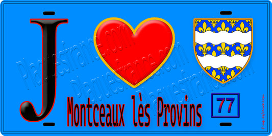 Plaque métal décorative  J' ❤️Montceaux-lès-Provins, Seine et Marne (77) fond bleu