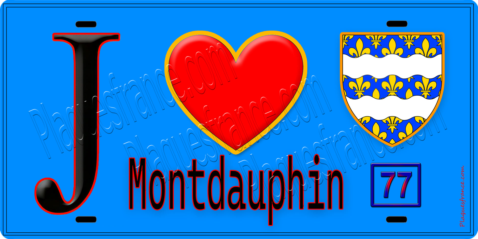 Plaque métal décorative  J' ❤️Montdauphin, Seine et Marne (77) fond bleu
