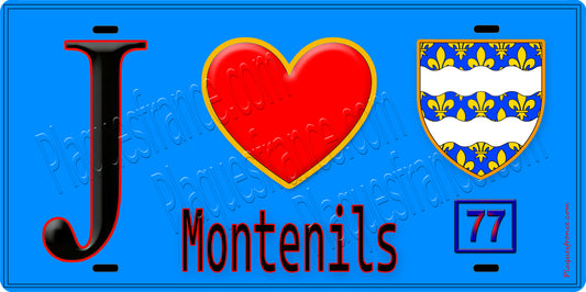 Plaque métal décorative  J' ❤️Montenils, Seine et Marne (77) fond bleu