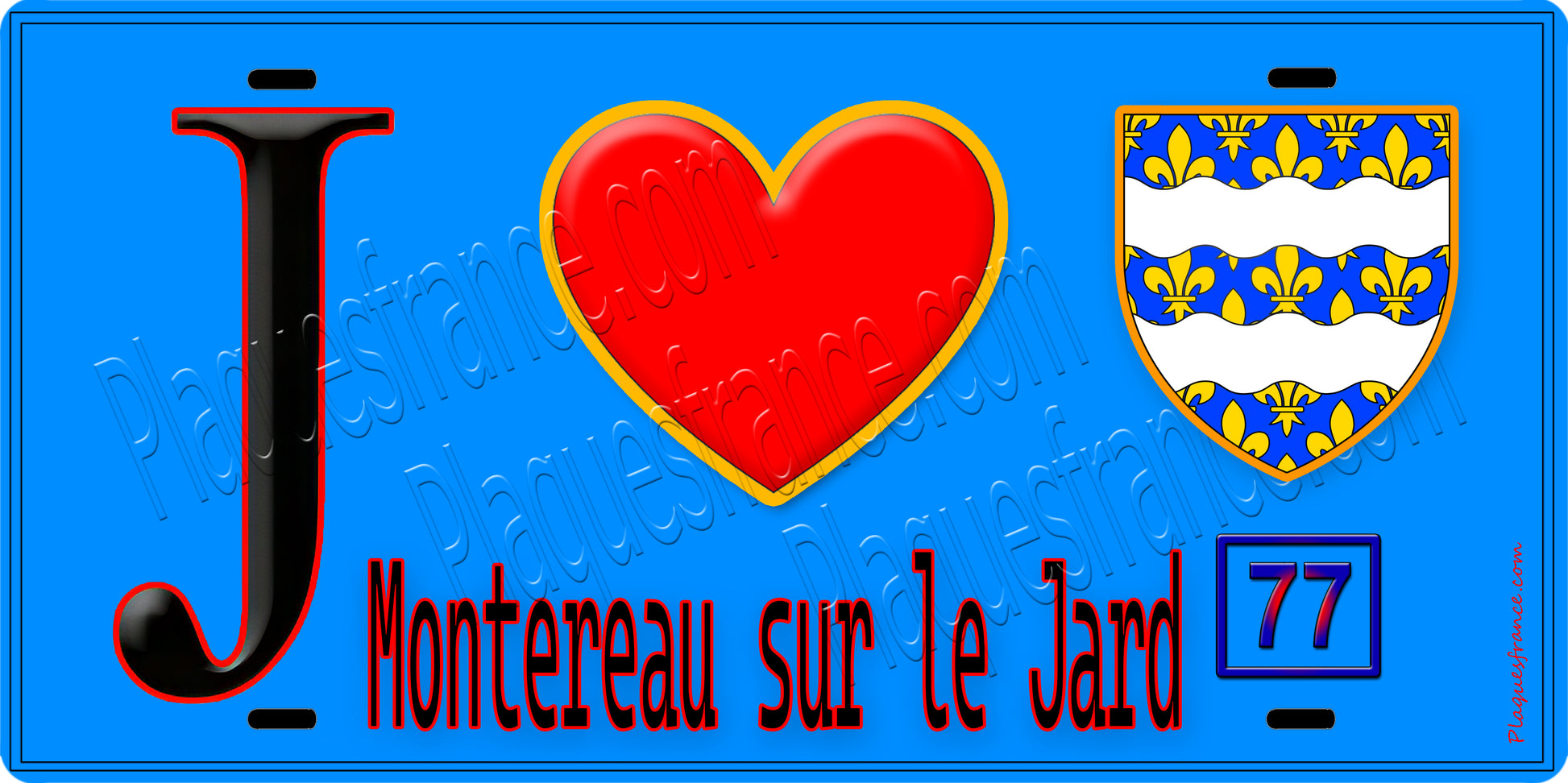 Plaque métal décorative  J' ❤️Montereau-sur-le-Jard, Seine et Marne (77) fond bleu