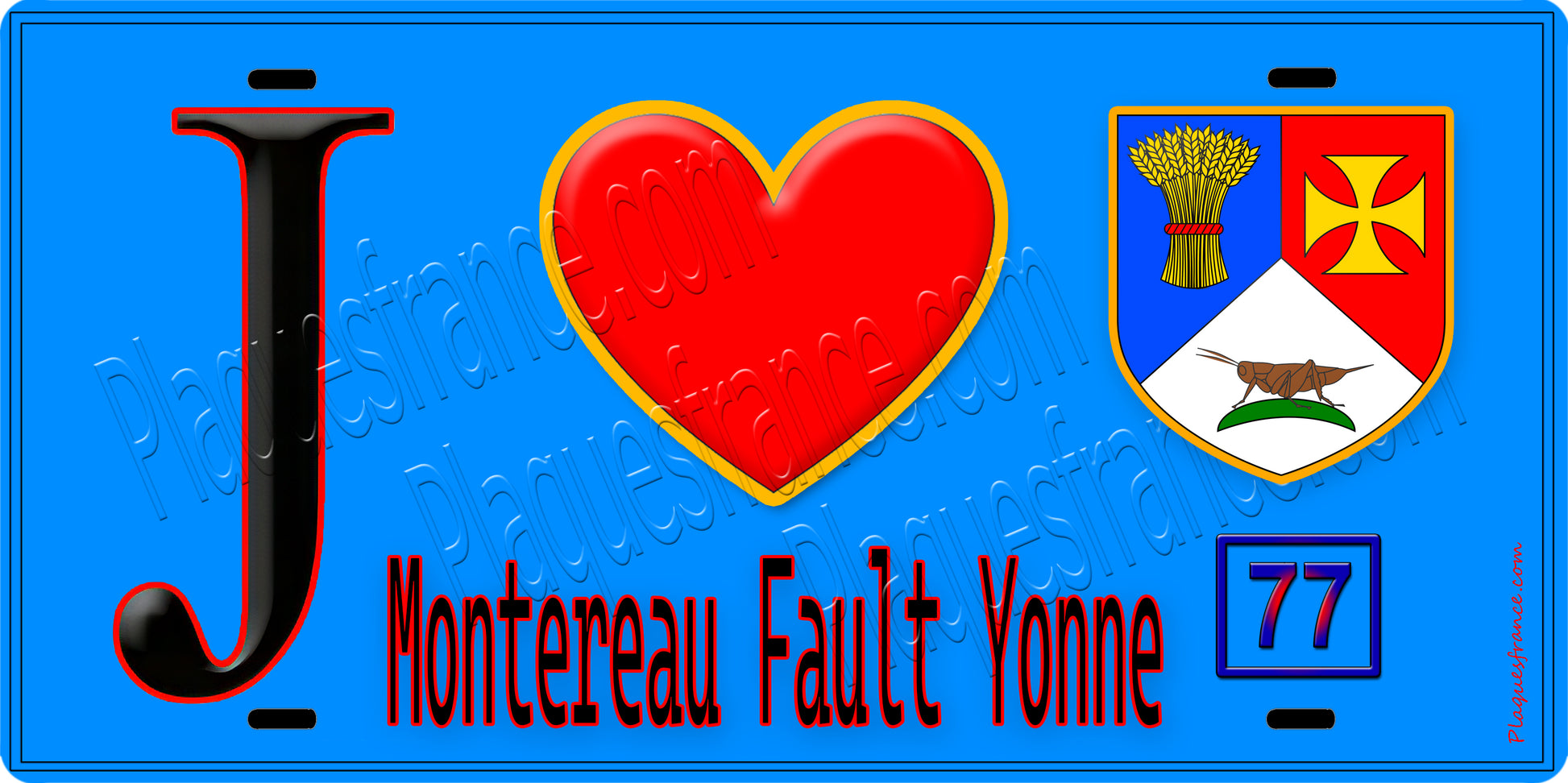 Plaque métal décorative  J' ❤️Montereau-Fault-Yonne, Seine et Marne (77) fond beu