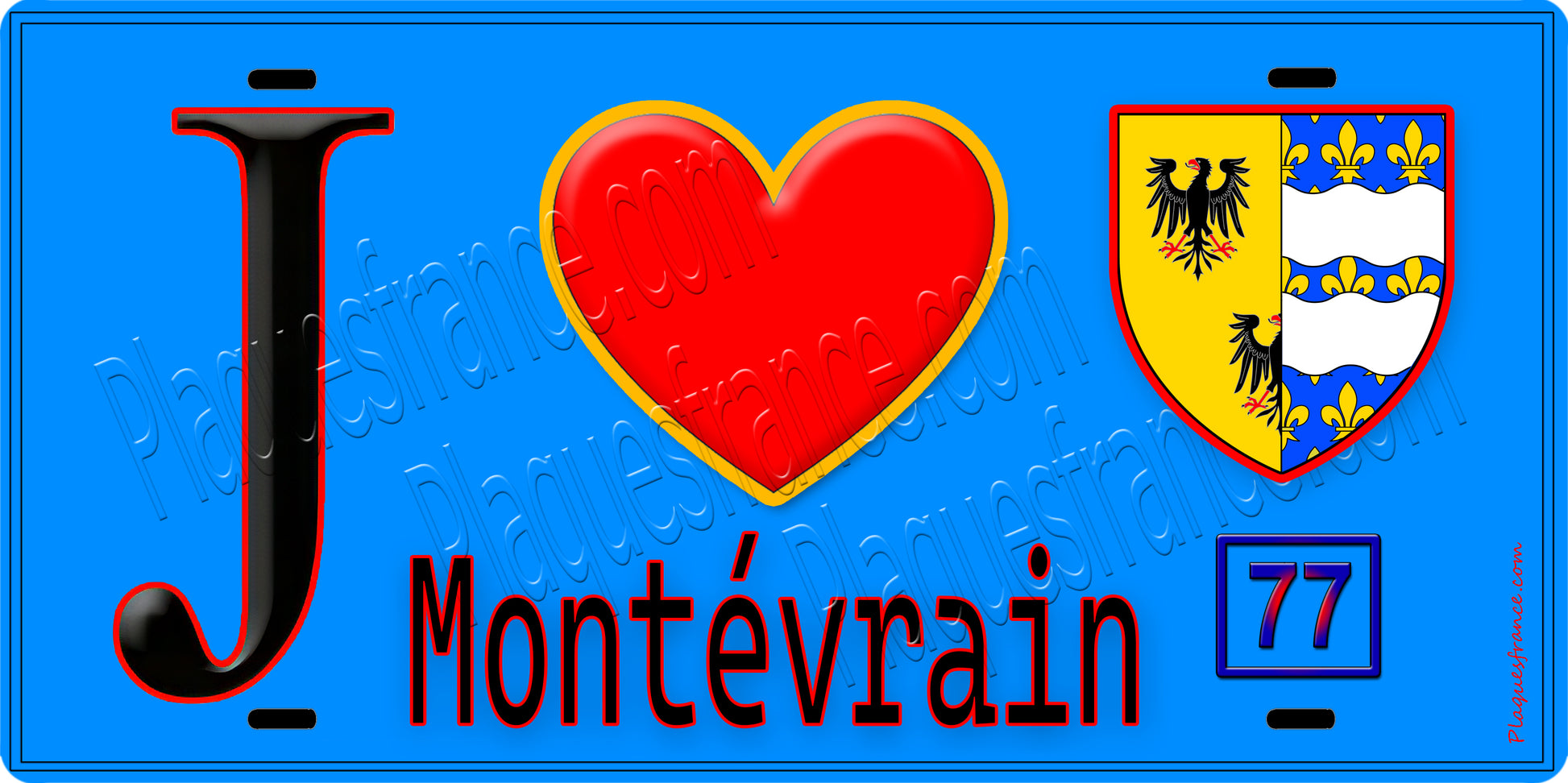 Plaque métal décorative  J' ❤️Montévrain, Seine et Marne (77) fond bleu
