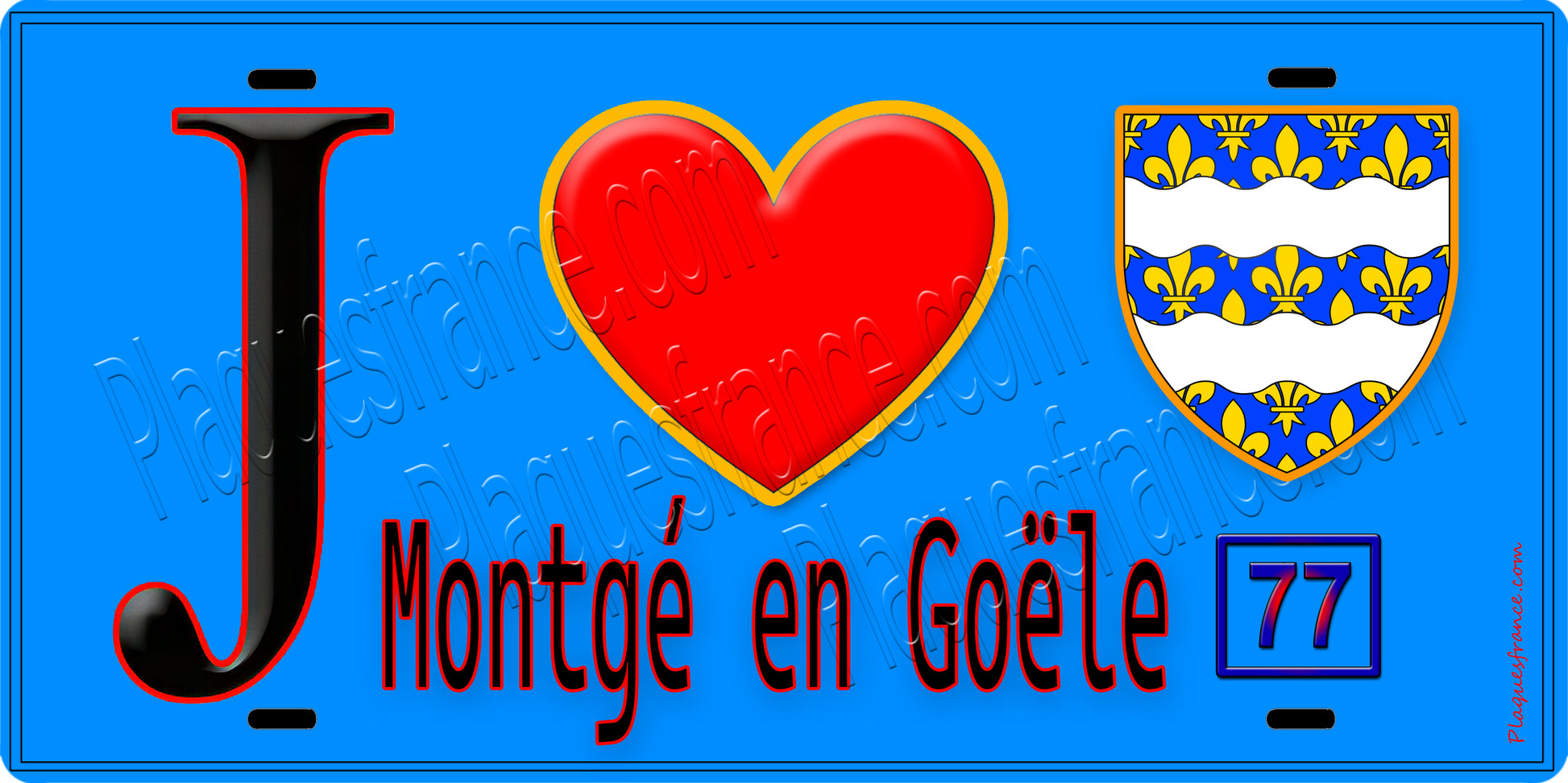 Plaque métal décorative  J' ❤️Montgé-en-Goële, Seine et Marne (77) fond bleu