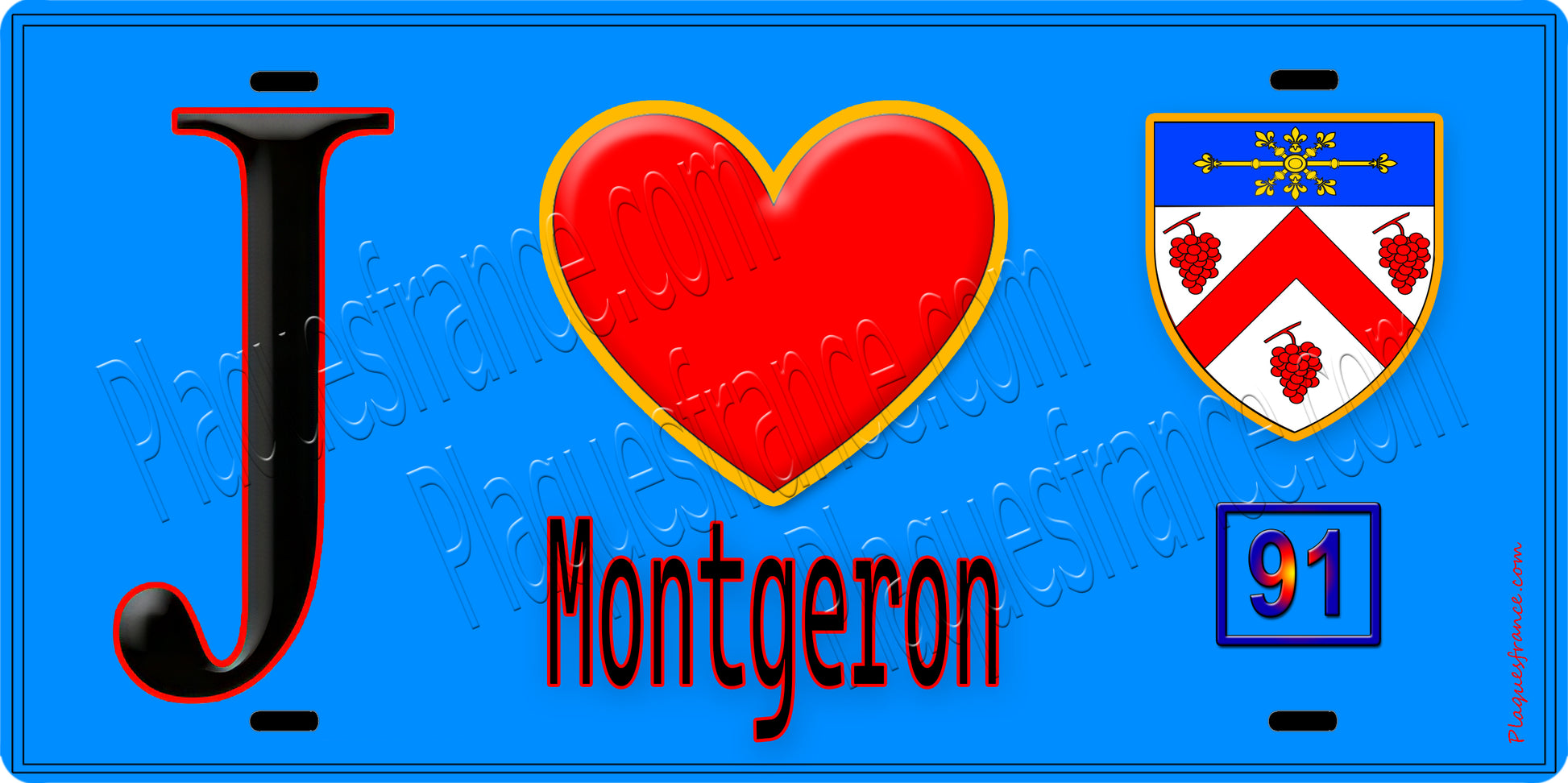 Plaque métal décorative  J' ❤️Montgeron, Essonne (91) fond bleu