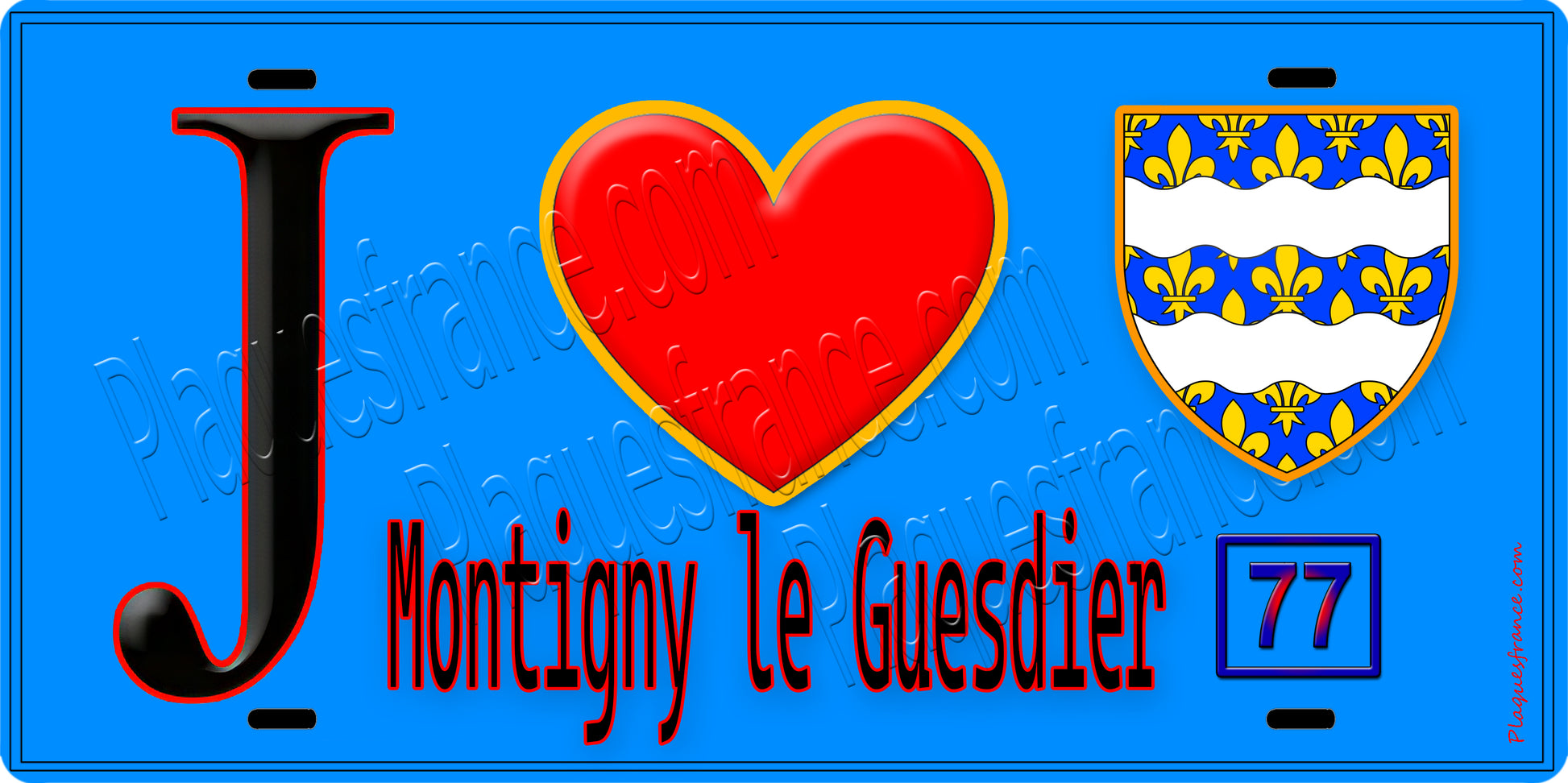 Plaque métal décorative  J' ❤️Montigny-le-Guesdier, Seine et Marne (77) fond bleu