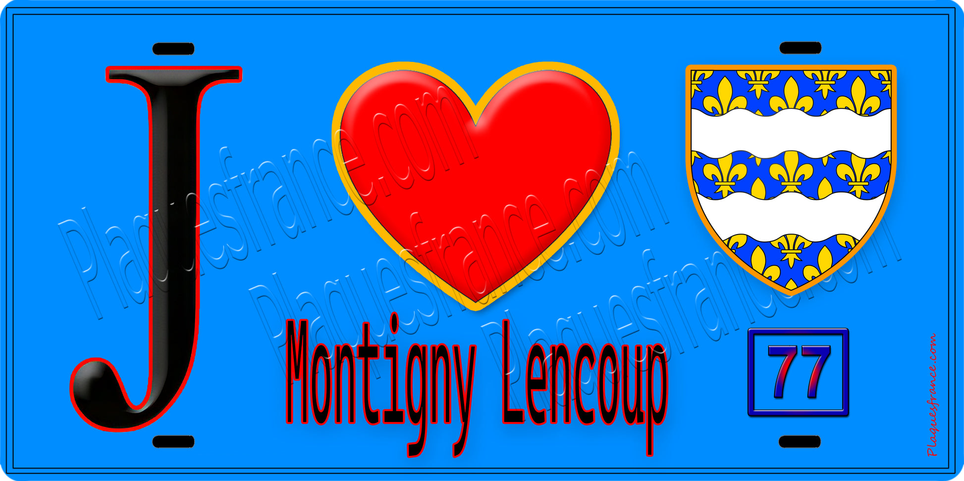 Plaque métal décorative  J' ❤️ Montigny-Lencoup, Seine et Marne (77) fond bleu
