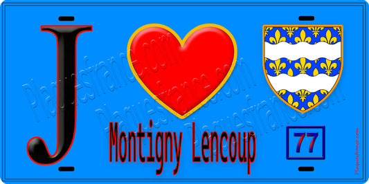Plaque métal décorative  J' ❤️ Montigny-Lencoup, Seine et Marne (77) fond bleu