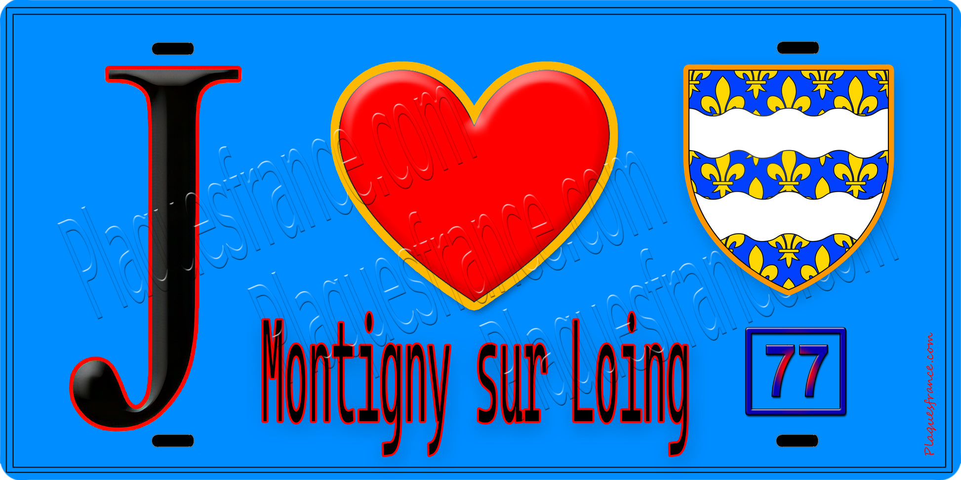 Plaque métal décorative  J' ❤️Montigny-sur-Loing, Seine et Marne (77) fond bleu