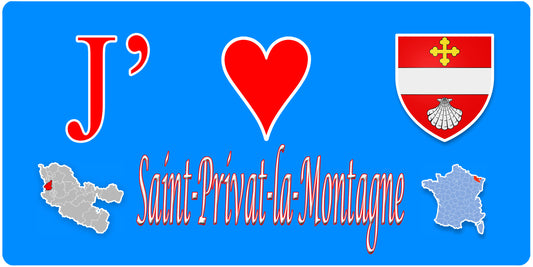 Plaque métal décorative J' ❤️Saint-Privat-la-Montagne, fond  mur bleu carte