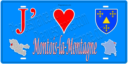 Plaque métal décorative  J' ❤️Montois-la-Montagne (57), mur bleu carte