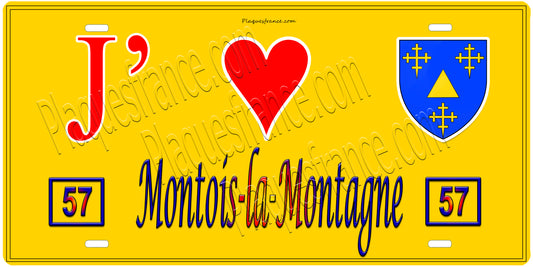 Plaque métal décorative J' ❤️Montois-la-Montagne, mur jaune 57